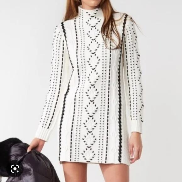 Maje Melanie Cable Knit Mini Sweater Dress Faux Leather Funnel Neck 1 (S) $495